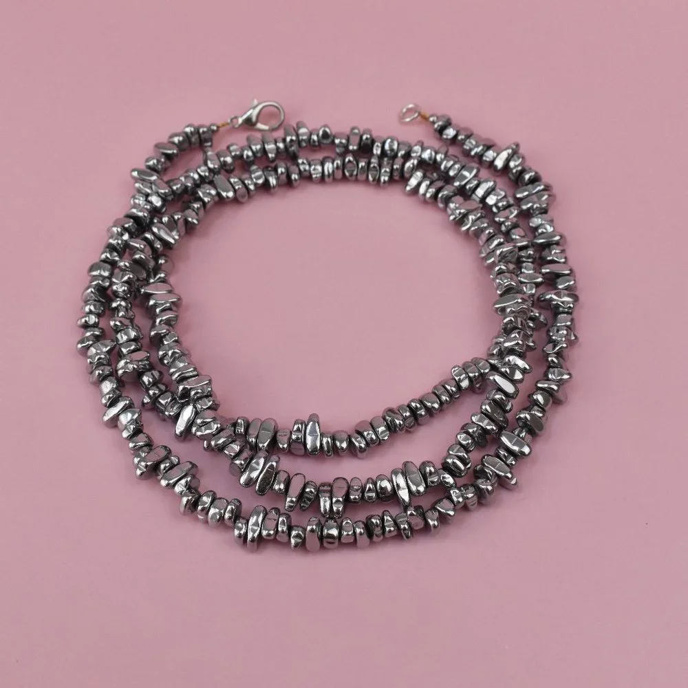 Super long silver hematite necklace boho, unique unusual stone necklace